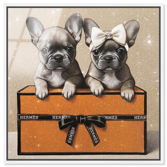 Frenchies on a Box Framed High-Gloss Acrylic Glass Wall Art Fashion Floral Art by Art Remedy, White Frame, 12 x 12