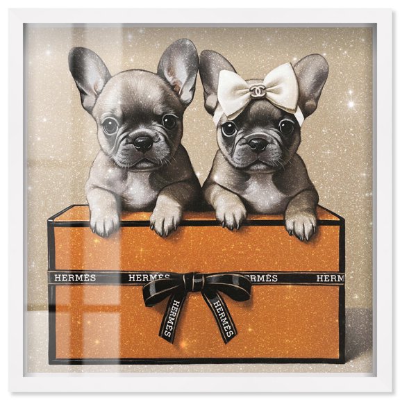 Frenchies on a Box Shadowbox Print Fashion Floral Art by Art Remedy, White Frame, 12 x 12
