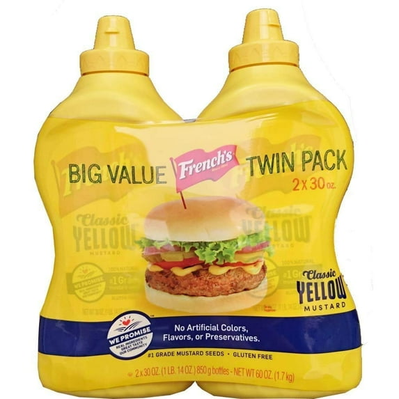 Frenchs Classic 100% Natural Yellow Mustard Pack of 2 30 oz Bottles