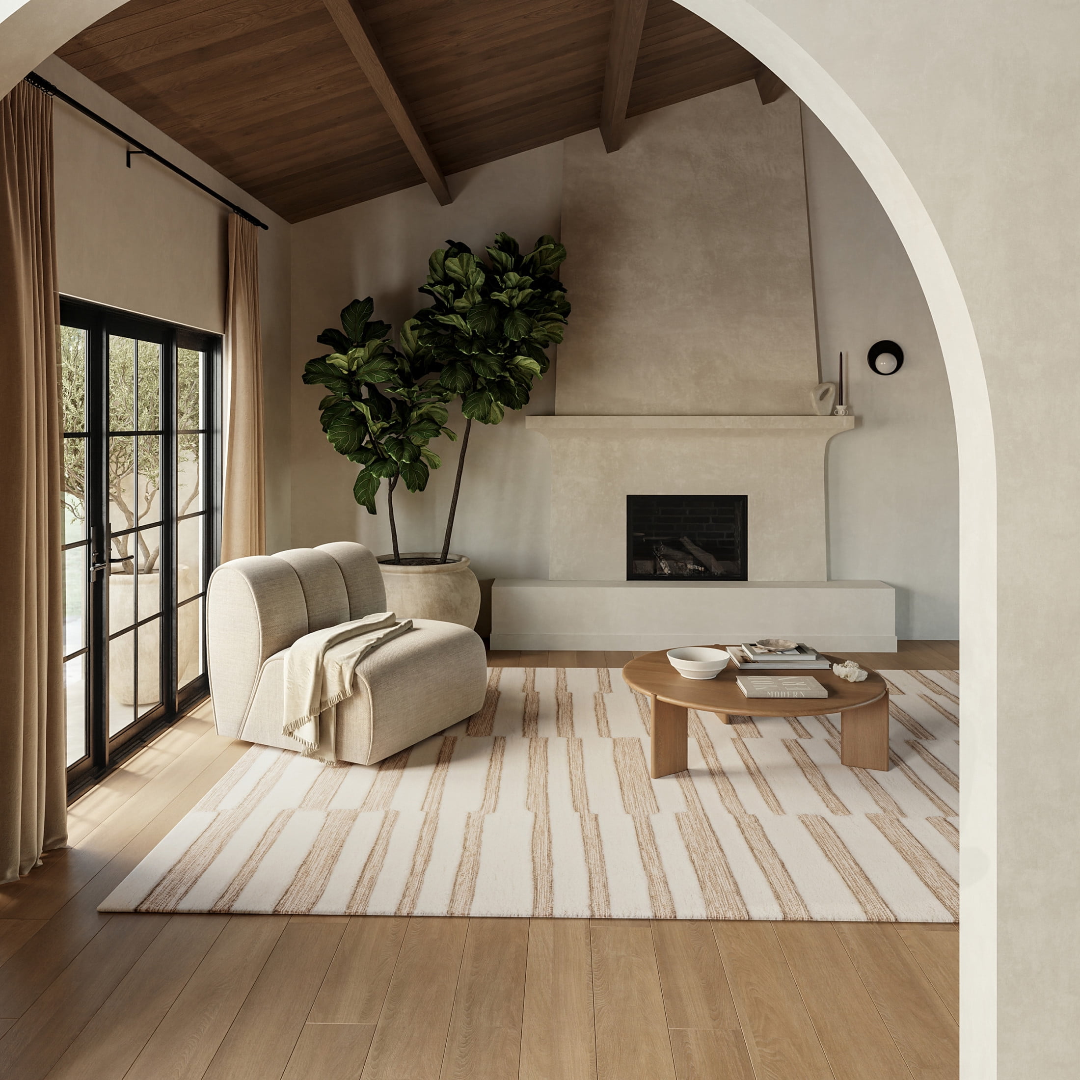 Ivory and Beige Handmade Wool Tufted Stripe Area Rug, 5' x 8'