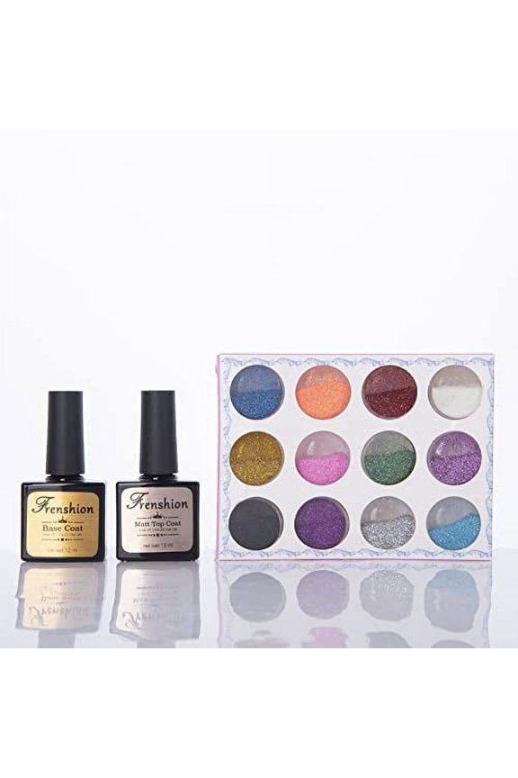 12 Pieces/Set Laser Bling Powder Pigment Nail Glitter Cosmetics Powder Dust Tips Accessories Decoration Set Kit +Base Top Coat for Casting & Coating Handcraft Jewelry Making