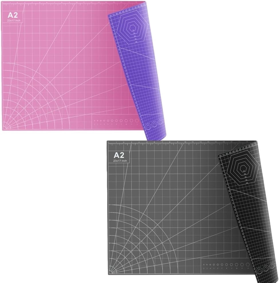 FrenzyBird 2 pcs 23" x 17" Large Self Healing PVC Cutting Mat, Double Sided, Gridded Rotary Cutting Board for Craft, Quilting, Fabric, Scrapbooking，Sewing（A2-Pink or Purple and Black or Gray）