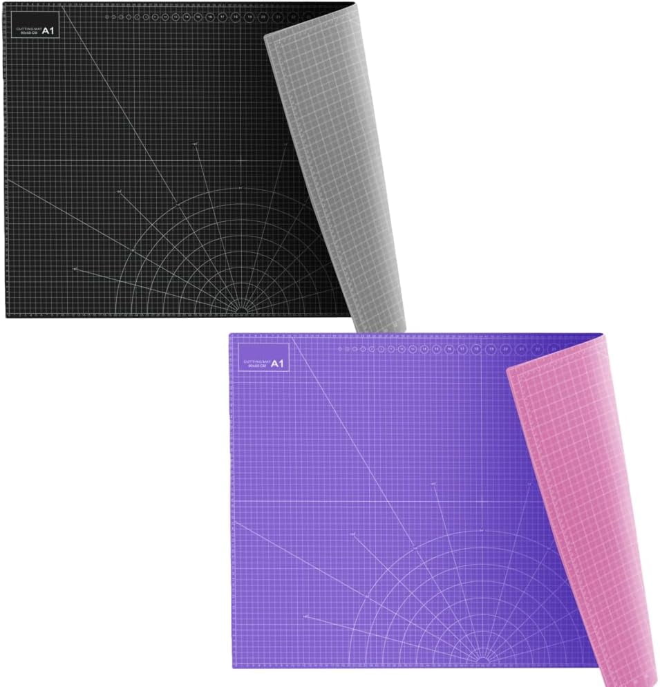 FrenzyBird 2pcs 35" x 23" Large Self Healing PVC Cutting Mat, Double Sided, Gridded Rotary Cutting Board for Craft, Quilting, Fabric, Scrapbooking，Sewing（A1-Black or Gray and Pink or Purple）