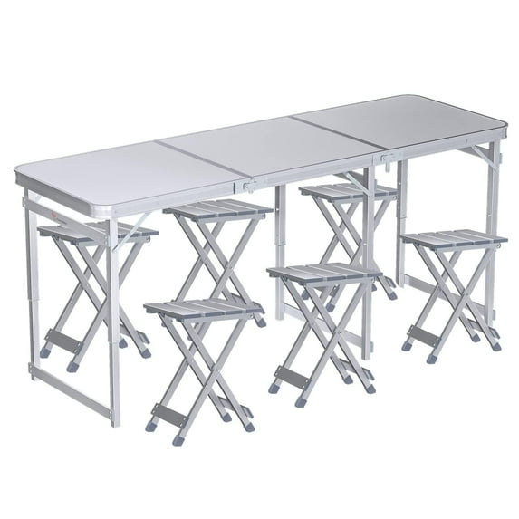 FrenzyBird Folding Picnic Table 6FT with 6 Stools Aluminum Table Chair Set for up to 6 Persons, Portable Lightweight Heights Adjustable for Outdoor Camping, 70Lx24Wx32H Inches