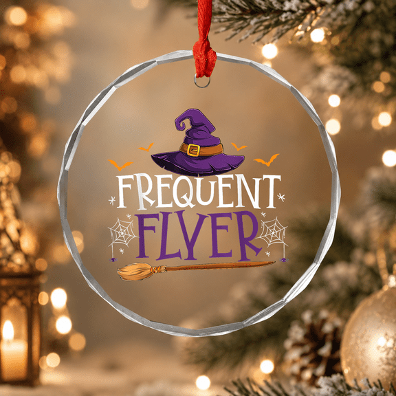 Frequent Flyer Witch Autumn Halloween Ornament, Holiday Decor, Circle Glass Ornament