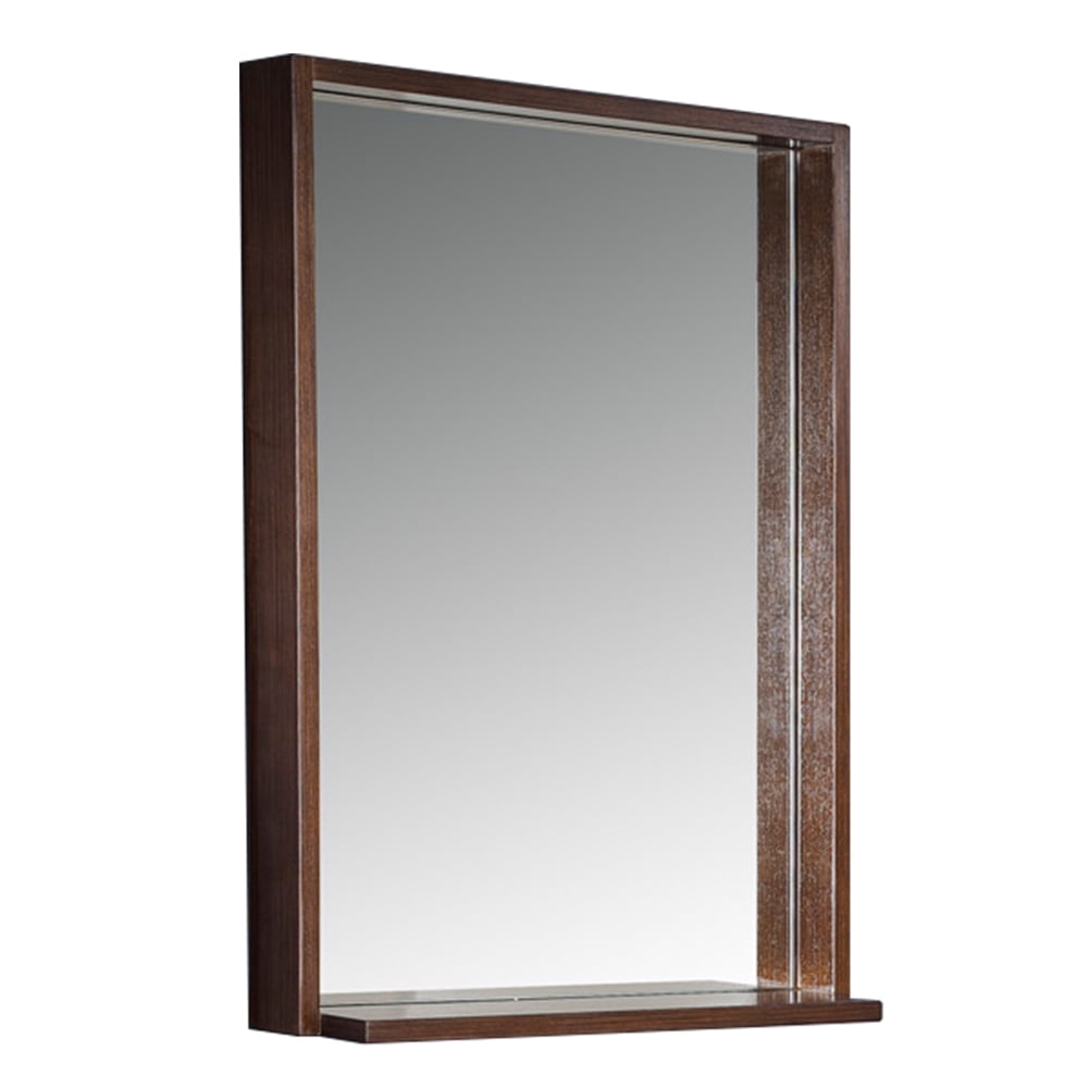 Wenge Brown Rectangular Wood Vanity Mirror with Shelf