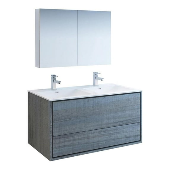Fresca Catania 48" Wall Hung Double Sinks Wood Bathroom Vanity in Ocean Gray