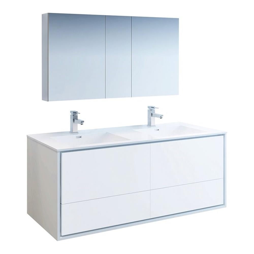 Fresca Catania 60" Wall Hung Double Sinks Wood Bathroom Vanity in Glossy White