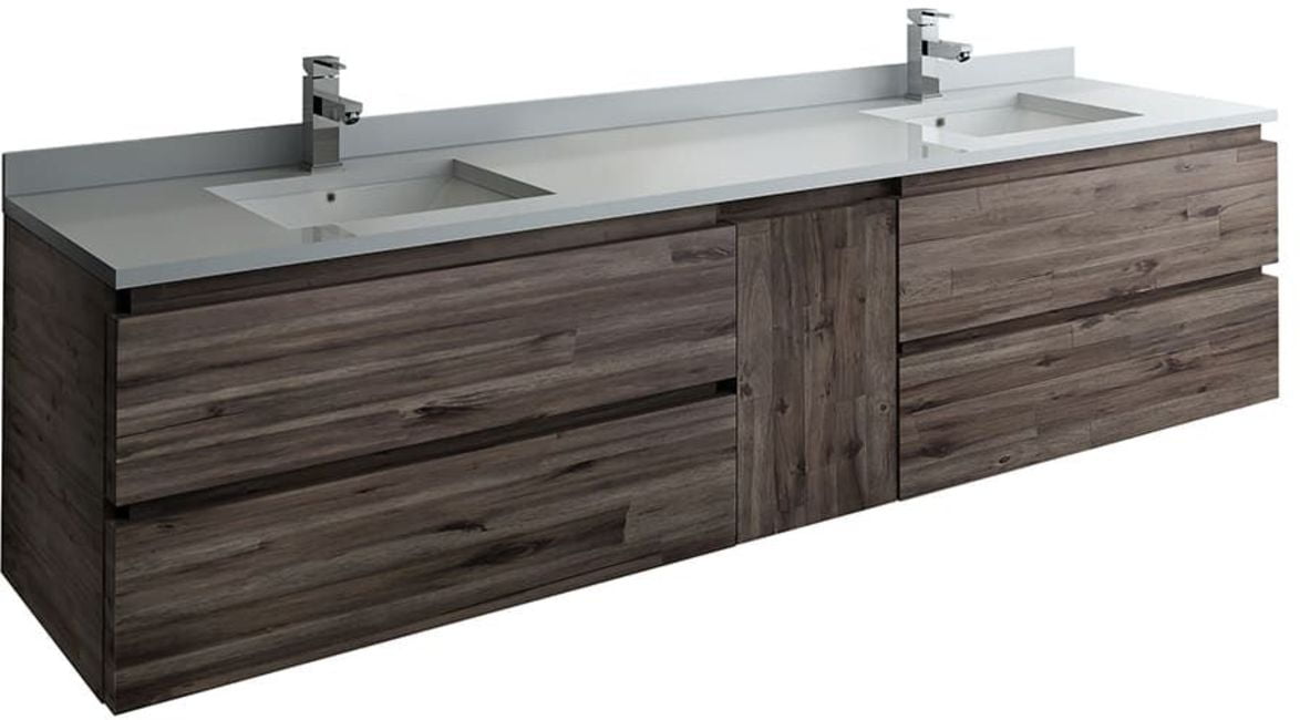 Formosa 84" Acacia Wood Wall-Mounted Double Sink Vanity with Quartz Top
