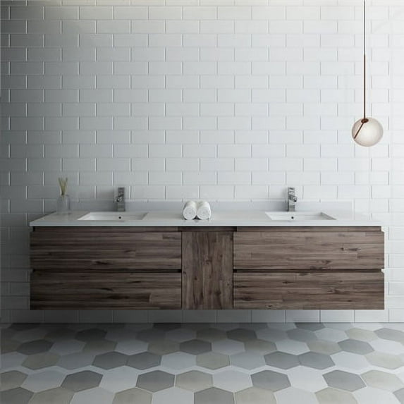 Fresca Formosa 82" Wall Hung Double Sinks Acacia Wood Bathroom Cabinet in Brown