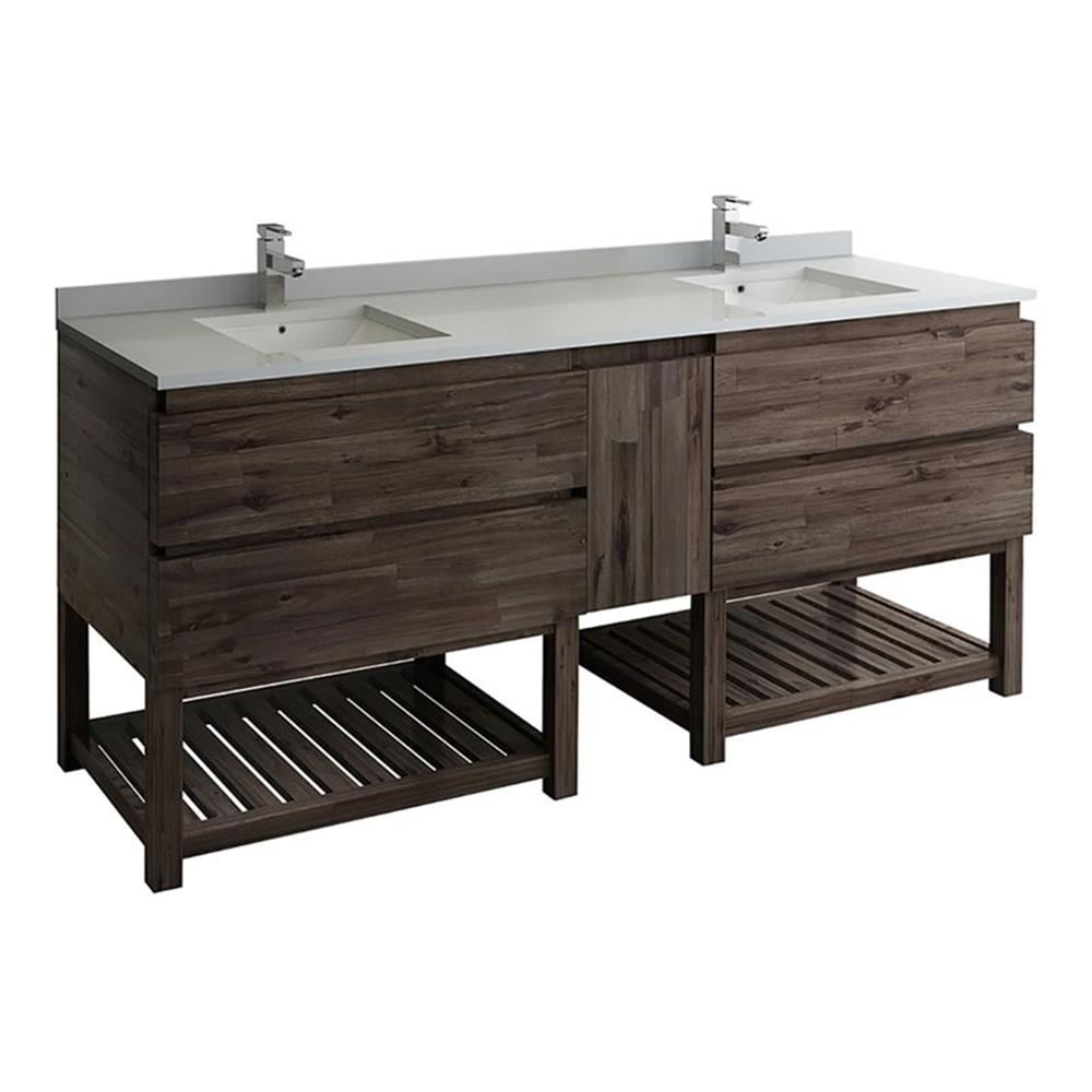 Acacia Wood 84" Double Sink Vanity with Quartz Top