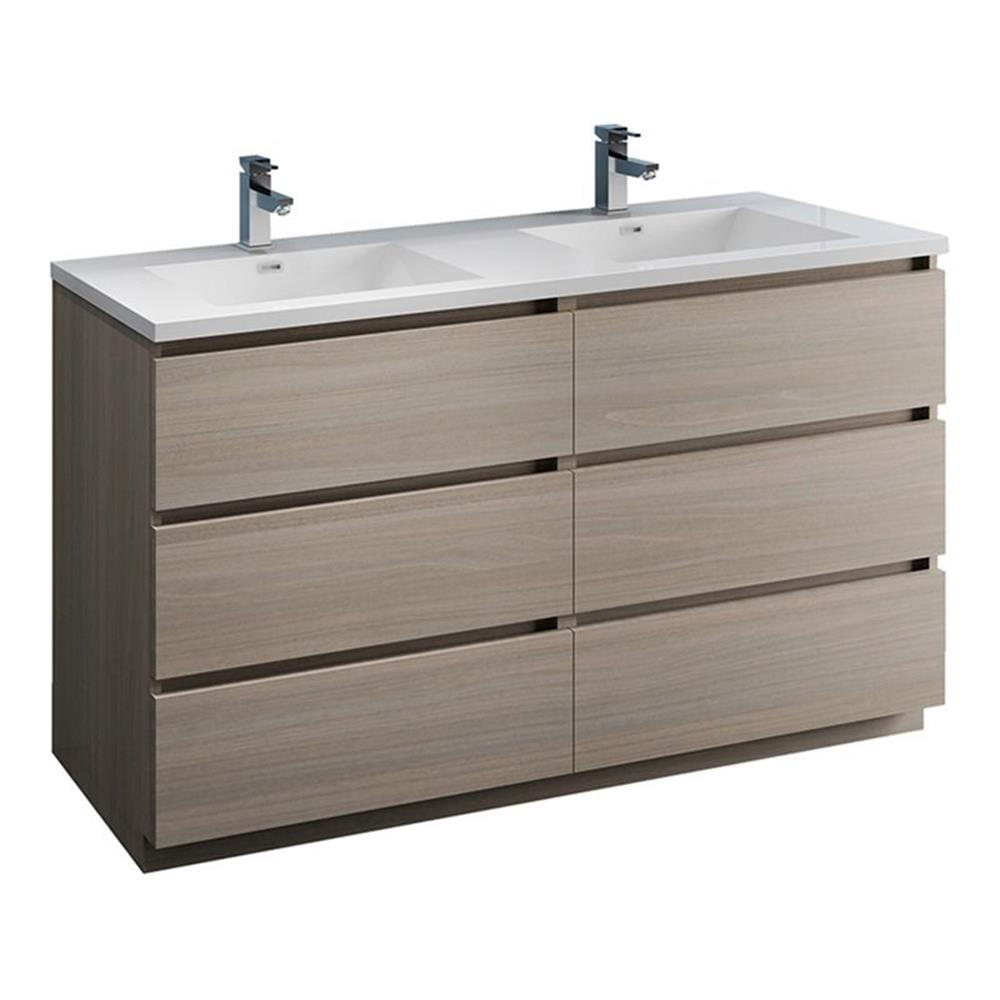 Gray Wood 60" Freestanding Double Sink Vanity with Acrylic Top