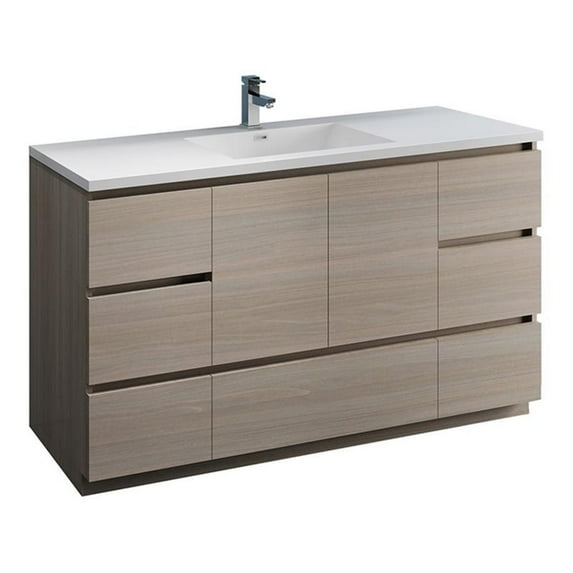 Fresca Lazzaro 60" Gray Wood Free Standing Modern Bathroom Cabinet w/ Integrated Single Sink