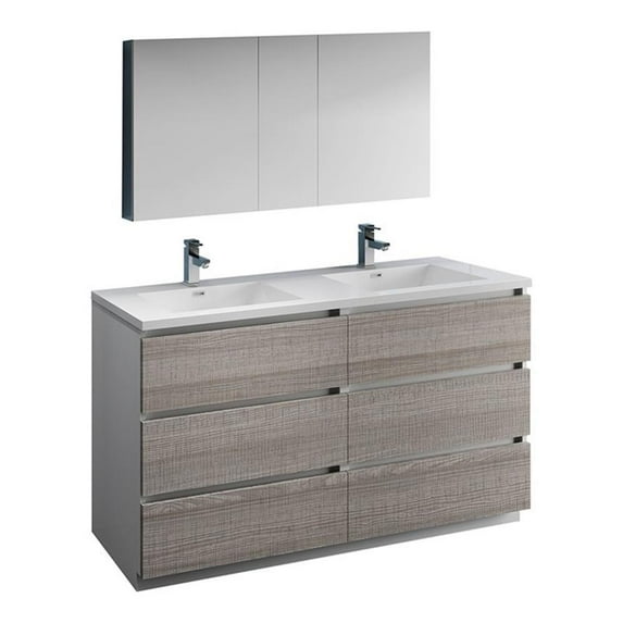Fresca Lazzaro 60" Glossy Ash Gray Free Standing Double Sink Modern Bathroom Vanity with Medicine Cabinet