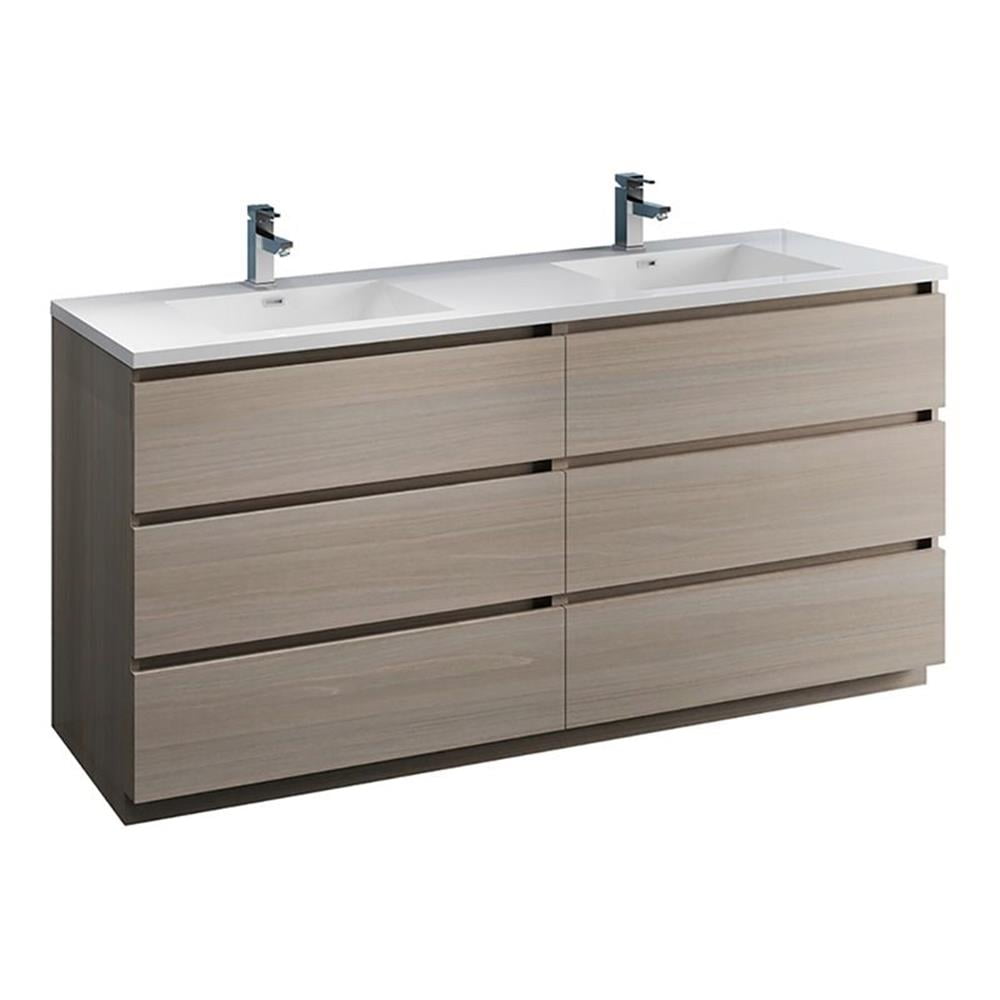 Gray Wood 72" Freestanding Double Sink Bathroom Vanity with Acrylic Top