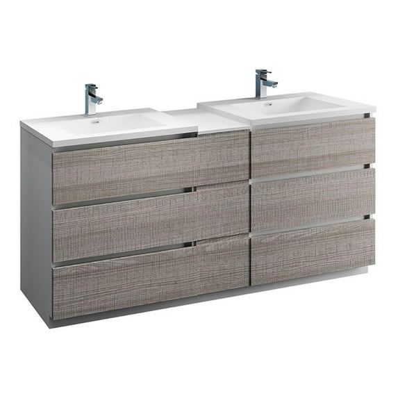 Fresca Lazzaro 72" Integrated Sinks Wood Bathroom Cabinet in Glossy Ash Gray