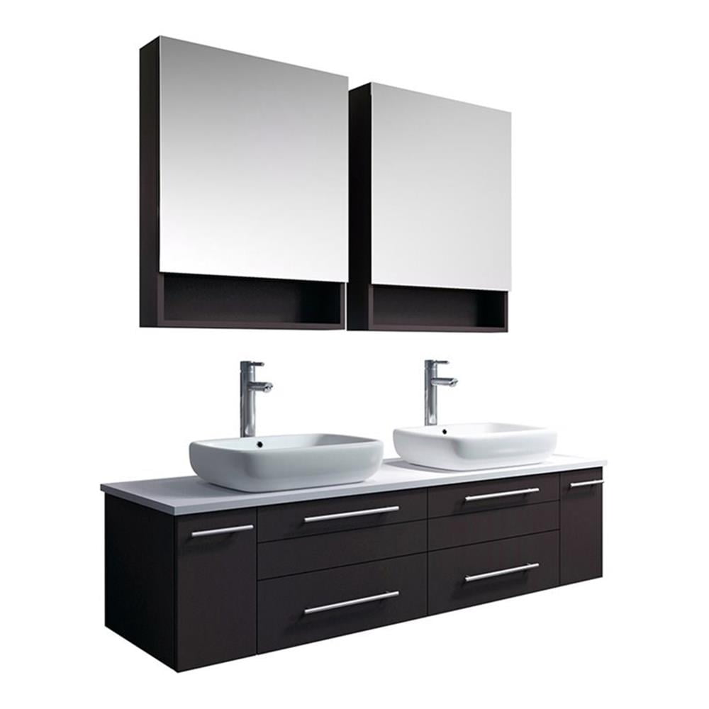 Fresca Lucera 60" Espresso Wall Hung Double Vessel Sink Modern Bathroom Vanity w/ Medicine Cabinets