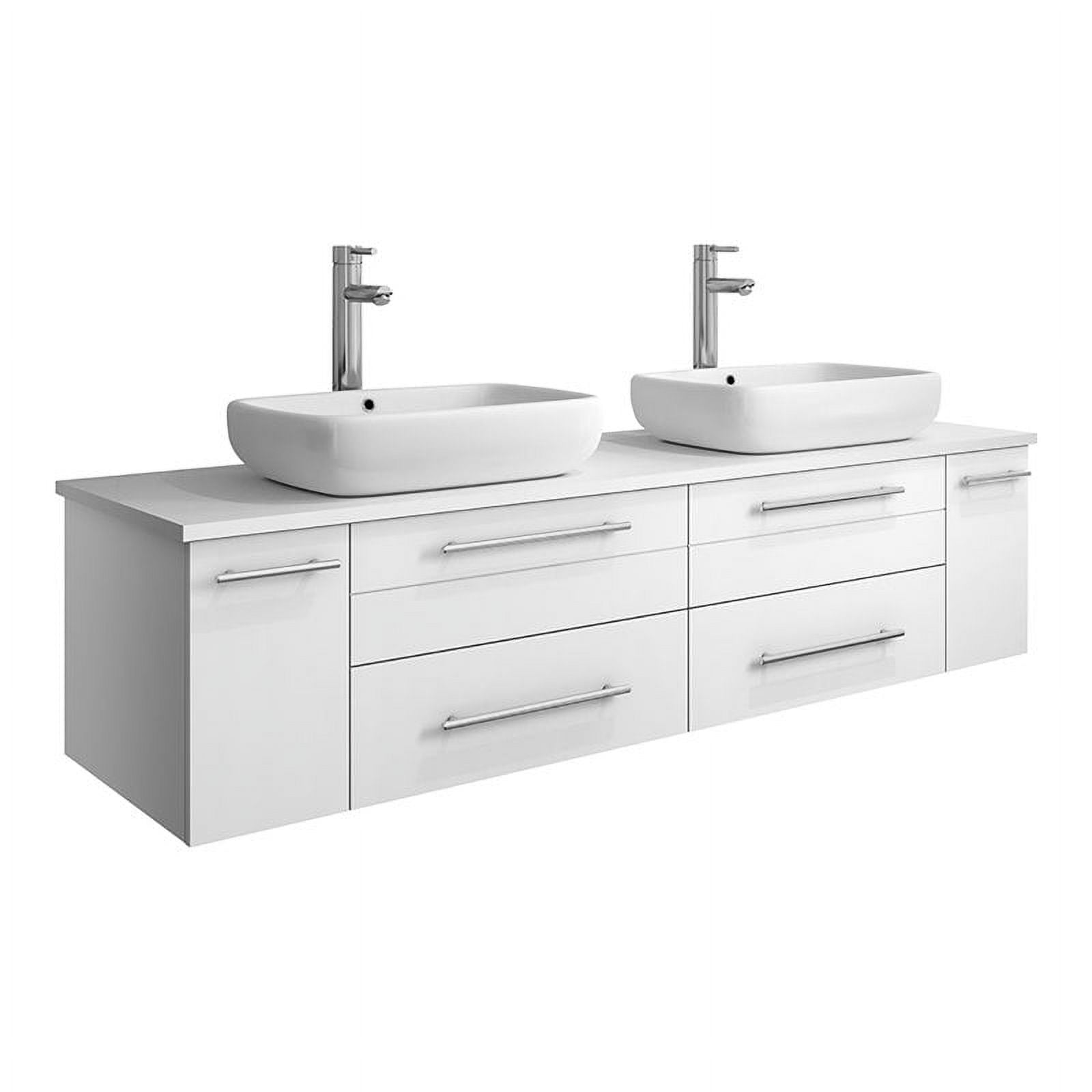 Modern 60" White Quartz Stone Double Vessel Sink Wall-Mount Vanity