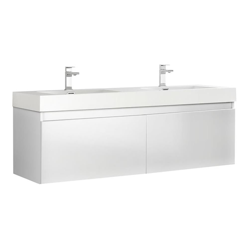 Glossy White 59" Wall-Mounted Double Sink Vanity with Acrylic Top