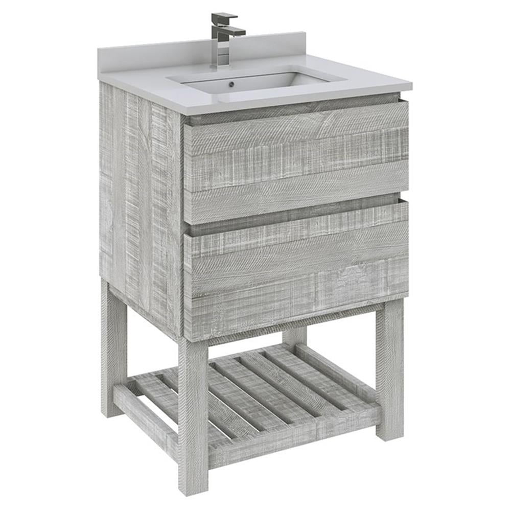 Ash Gray Acacia Wood Single Bathroom Cabinet with Quartz Top and Sink