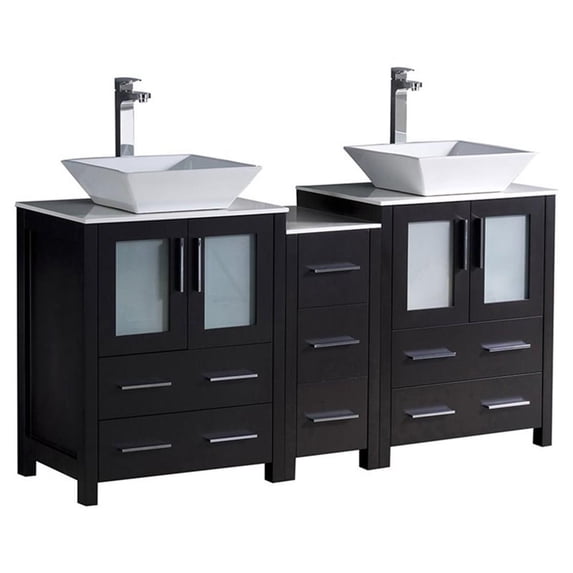 Fresca Torino 60" Espresso Modern Double Sink Bathroom Cabinets w/ Tops & Vessel Sinks
