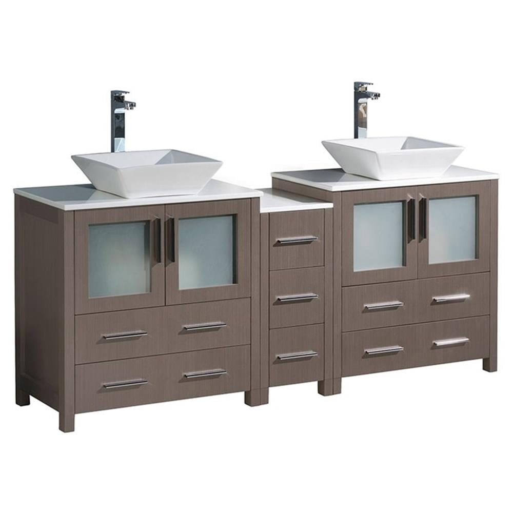 Gray Oak 72" Double Vessel Sink Freestanding Vanity with Man-made Stone Top