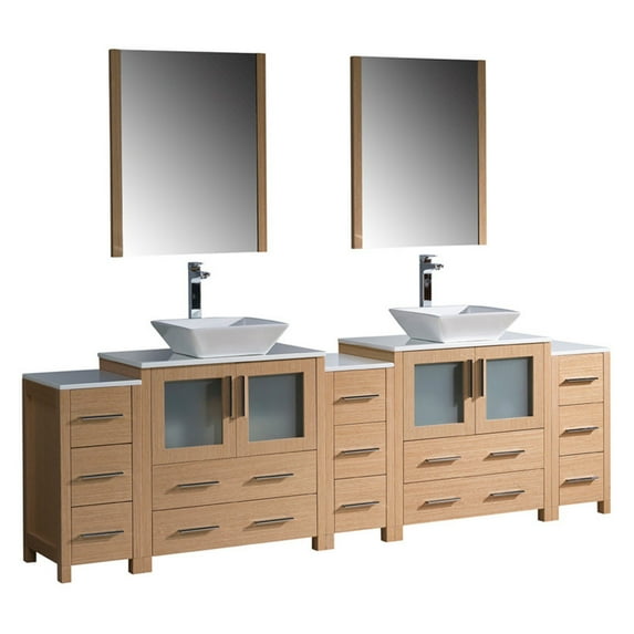Fresca Torino 96" Light Oak Modern Double Sink Bathroom Vanity with 3 Side Cabinets and Vessel Sinks