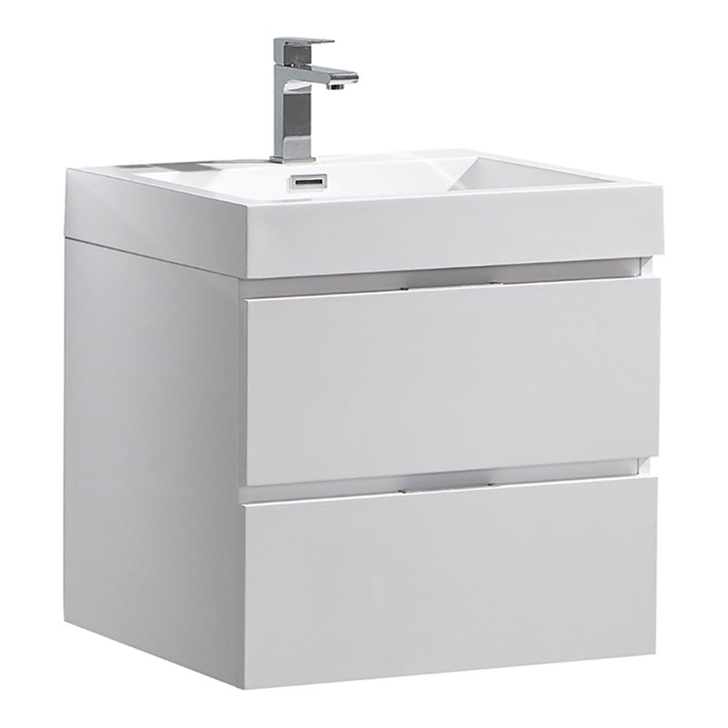 Glossy White 24" Wall-Mount Bathroom Vanity with Acrylic Sink