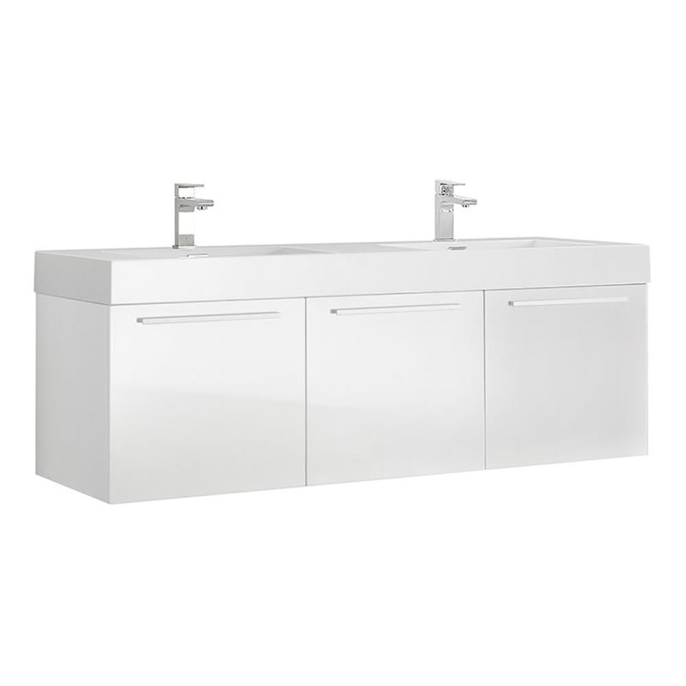 Vista 60'' Glossy White Wall Mounted Double Bathroom Vanity with Acrylic Top