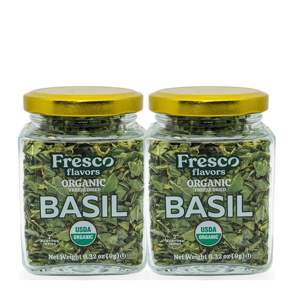 Fresco Flavors Basil Leaves, Organic Freeze Dried, 2 Pack, 2 x 0.32 oz Glass Jars