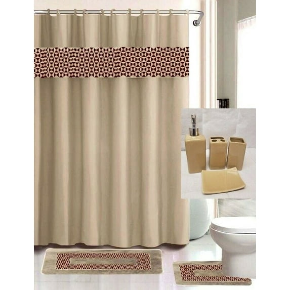 Fresco taupe Bathroom rug, mat non slip soft shaggy with shower curtain 12 hook and 4 pc matching ceramic accessories toothbrush holder, toothpaste holder, soap pump and soap dish