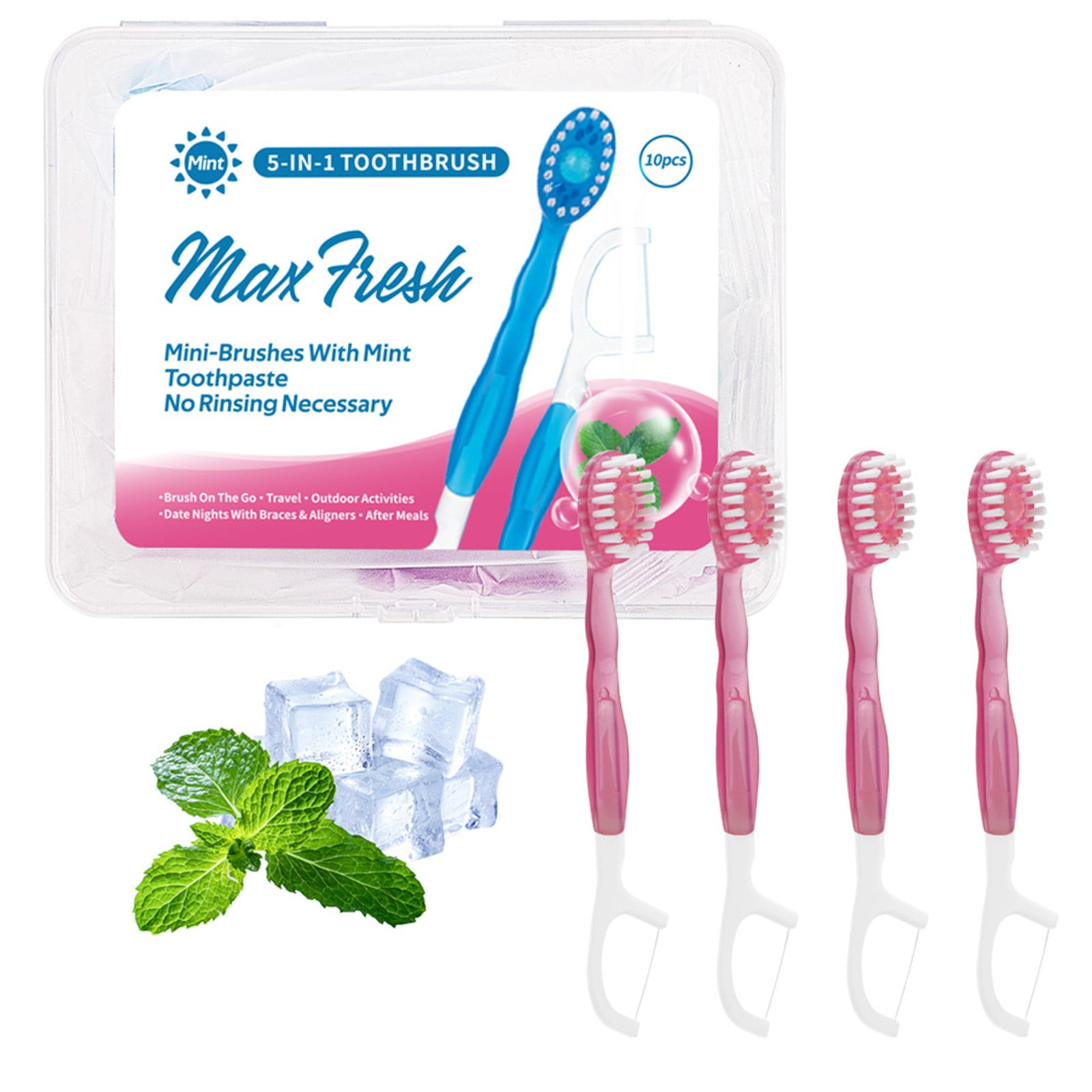 Fresh 5-in-1 Travel Toothbrush Kit 10 Pack with Built-in Mint Toothpaste No Rinsing Needed Portable Oral Care