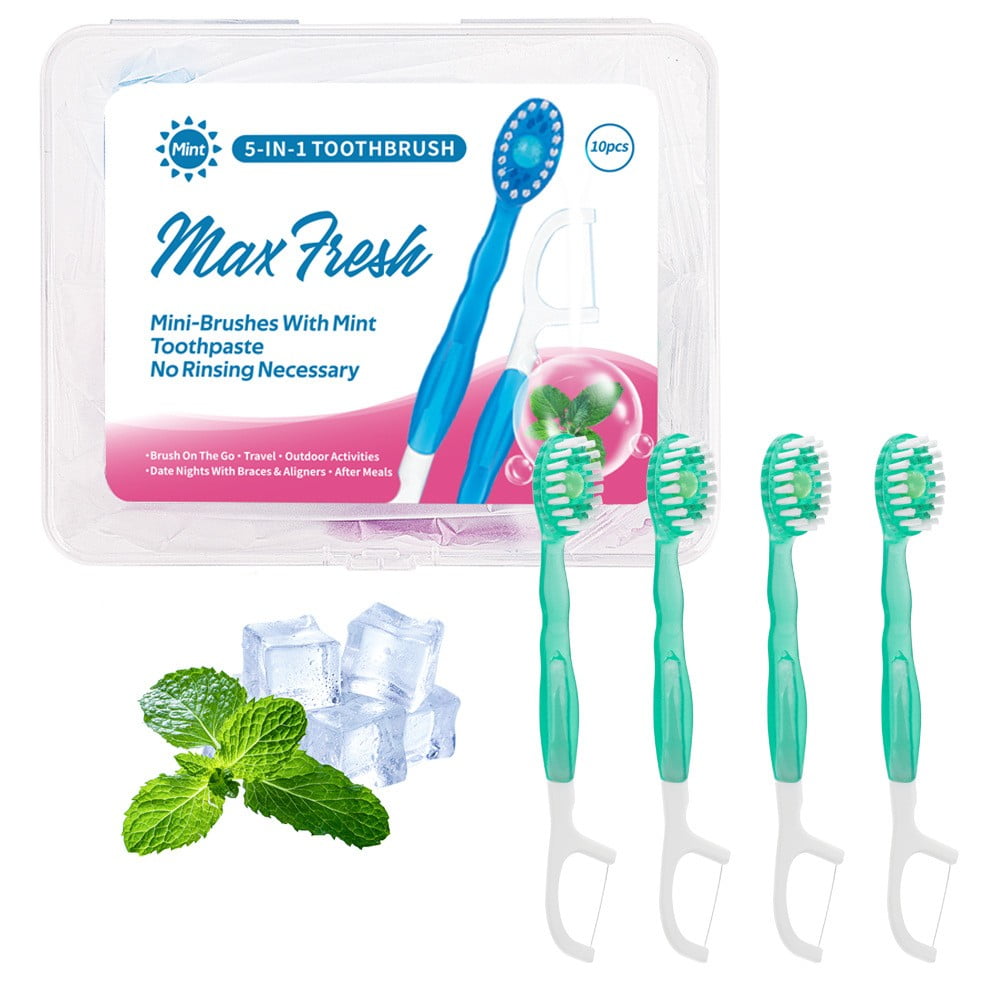 Fresh 5-in-1 Travel Toothbrush Kit 10 Pack with Built-in Mint Toothpaste No Rinsing Needed Portable Oral Care