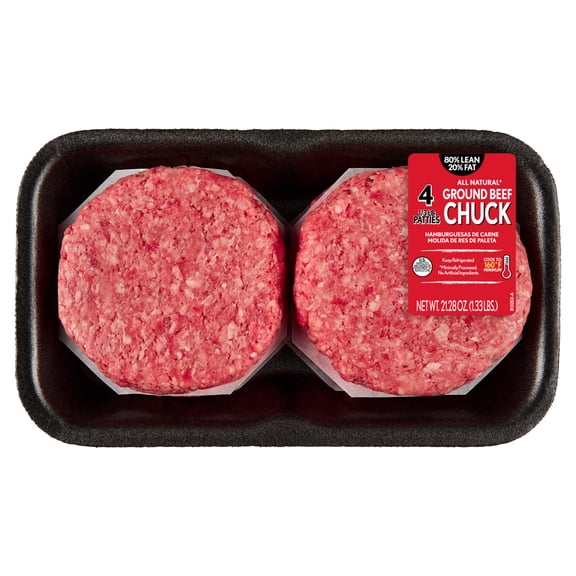 Fresh, All Natural Ground Beef Chuck Patties, 80% Lean, 4 Count, 1.33 lb Tray