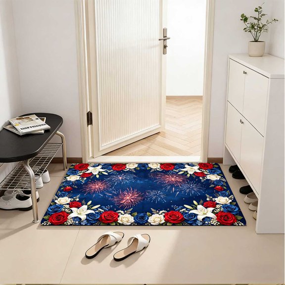 Fresh American Daisy Anti-Slip Welcome Doormat, Simple Floral US Flag Print, Versatile Indoor Outdoor Entry Mat, 4th of July Patriotic Home Decor Present