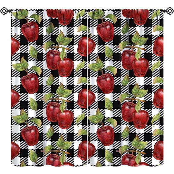 Fresh Apple Curtains, Rustic Vintage Country Black Buffalo Check Plaid Red Apple Fruit Blackout Window Drapes for Kitchen Dining Cafe Bedroom Livingroom, 84" W X 84" L