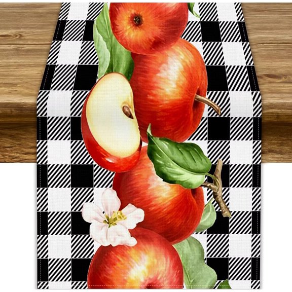 Fresh Apple Fruit Table Runner, Black White Buffalo Check Plaid Summer Autumn Fruit Farmhouse Kitchen Dining Table Decoration for Indoor Outdoor Home Party Decor, 13x36inch
