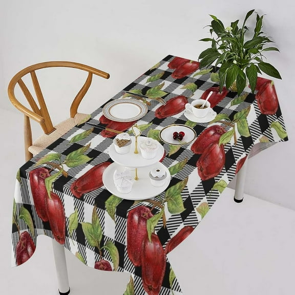 Fresh Apple Tablecloth, Rustic Retro Black Buffalo Check Plaid,Red Apple Print Table Cloth Cover for Kitchen Dining Table Indoor Outdoor Party Camping Decor 60x84in