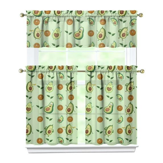 Fresh Avocado Print Kitchen Curtains Set, Tier and Valance with Cute Green Fruit Pattern, Healthy Aesthetic Illustration Curtains for Kitchen or Nursery Window
