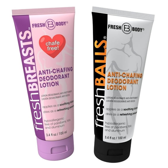 Fresh BREASTS & Fresh BALLS Bundle: Anti Chafing Deodorant Cream to Powder for Men & Women, Thighs, Legs, Groin, Breasts, Belly, Butt - Lotion is Talc Free, Aluminum Free - 3.4 fl oz