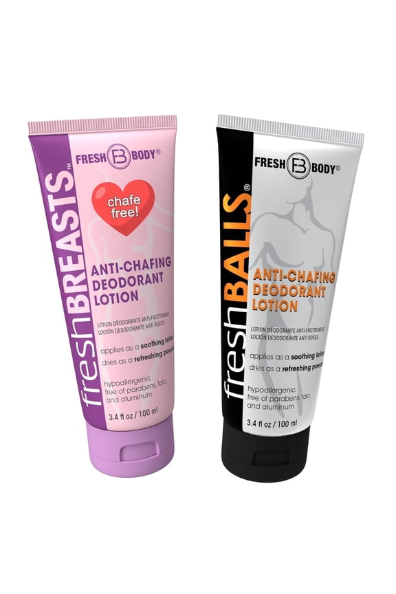Fresh BREASTS & Fresh BALLS Bundle: Anti Chafing Deodorant Cream to Powder for Men & Women, Thighs, Legs, Groin, Breasts, Belly, Butt - Lotion is Talc Free, Aluminum Free - 3.4 fl oz