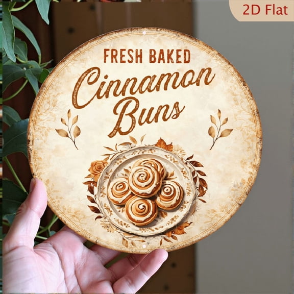 Fresh Baked Cinnamon Buns Metal Wall Art, Vintage Bakery Circular Aluminum Sign, 8x8 Inch Decorative Kitchen Wall Decor
