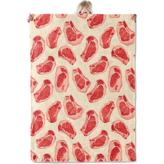 Fresh Beef Meat Steak Cut Throw Blankets 50x60 Inchches, Ultra Soft Cozy Warm Fuzzy Gifts for Meats Lovers, Steaks Food Pattern Polyester Blanket for Travel Camping Car Living Room Decor