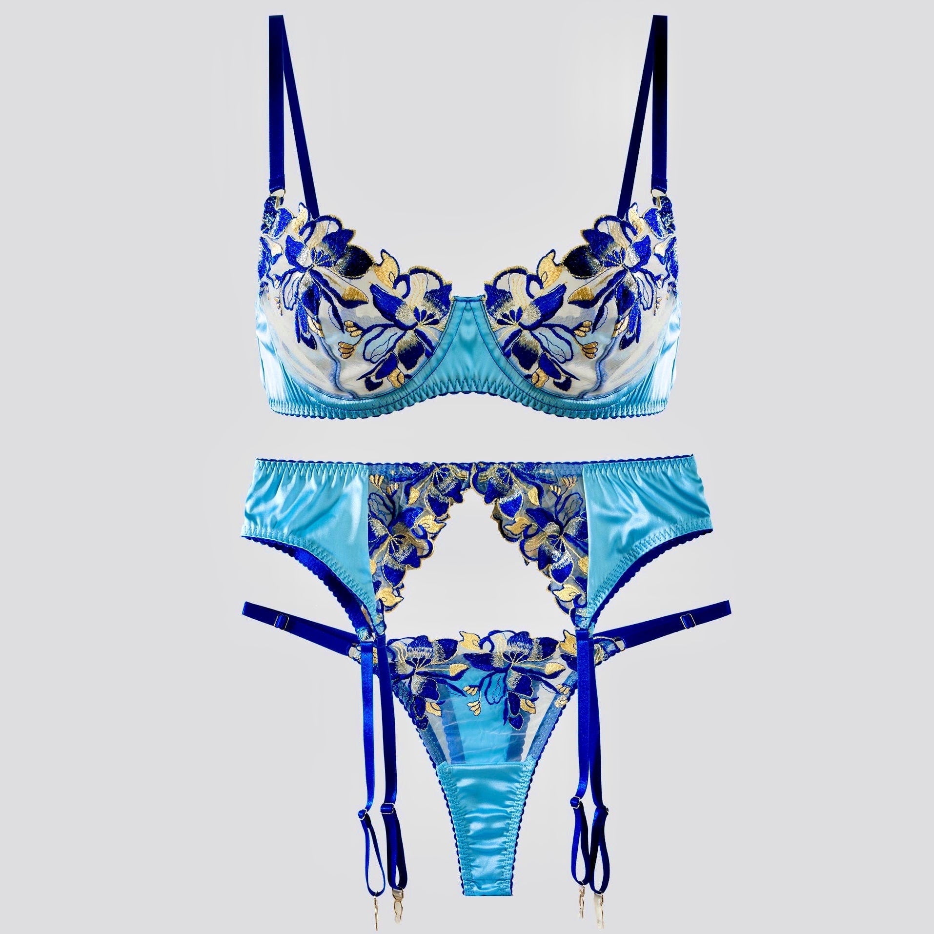 Fresh Blue Satin Embroidered Lingerie (BLUE, L)