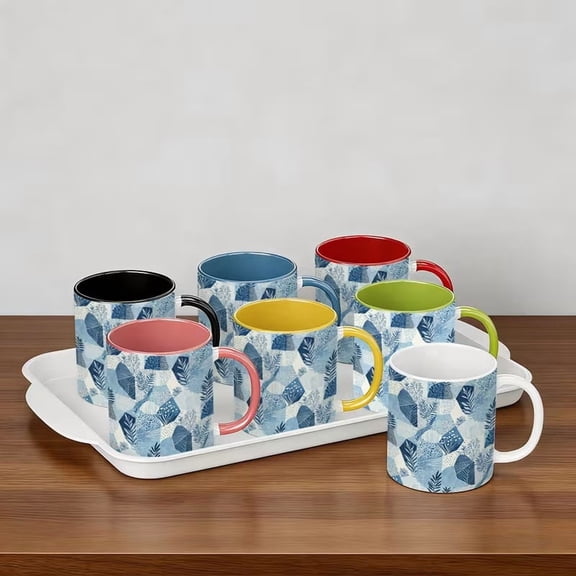 Fresh Blue and White Geometric Ceramic Coffee Mug - 11oz Large Capacity - Modern Morandi Color Block Design for Home and Office