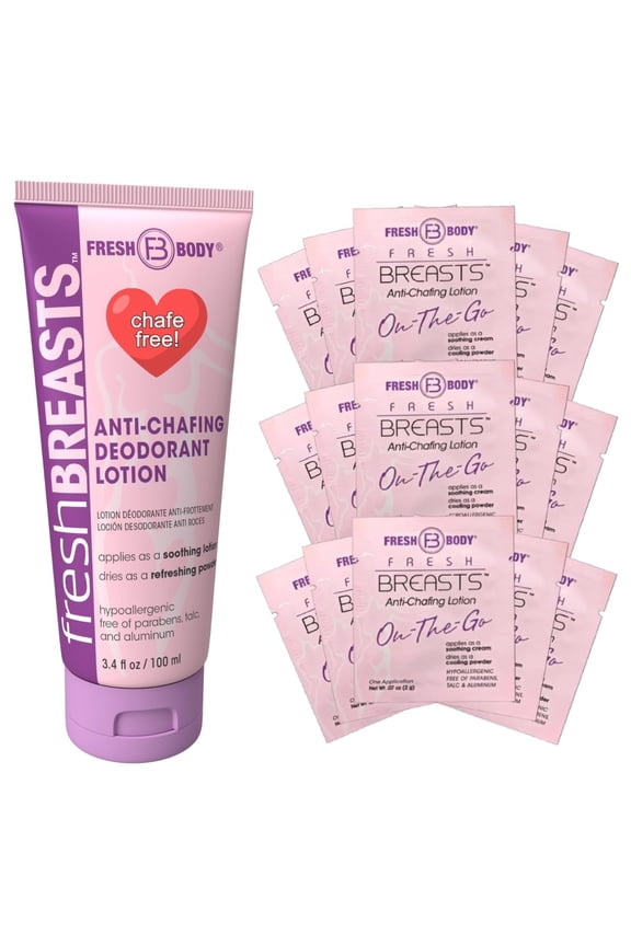 Fresh Breasts Anti Chafing Deodorant Lotion to Powder for Women, 3.4oz and On-The-Go Travel Size Single .07oz (15 Pack) - Anti Chafe Cream Whole Body Deodorant for Women