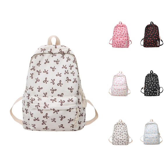 Fresh Bow Pattern Cute Backpack Preppy Style School Backpack Bookbag with Small Makeup Pouch Casual Campus Daypack with Spacious Compartments for Daily Student Use