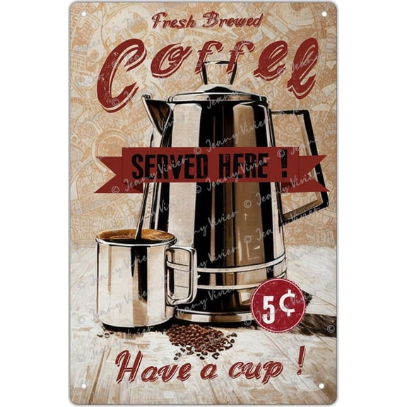 Fresh Brewed Coffee Served Here Vintage Metal Sign, Antique Tin Sing For Home Kitchen Diner Break Room Coffee Shop Store Bar Wall Decor Gift for Christmas Party Decor 5.5x8 Inches