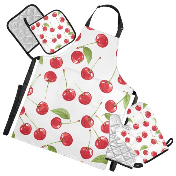 Fresh Cherries 5 Pcs Kitchen Set Heat Resistant Oven Mitts and Non-Slip Pot Holders with Adjustable Cooking Apron