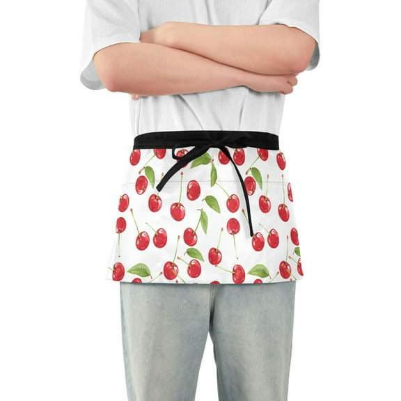 Fresh Cherries Server Apron with 3 Pockets Waterproof Waitress Waist Short Apron for Man Woman 12 Inches